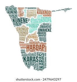 Namibia Word Cloud. Country shape with region division. Namibia typography style image. Region names tag clouds. Vector illustration.