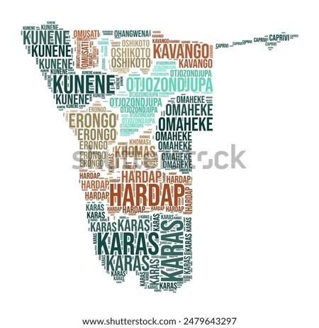 Namibia Word Cloud. Country shape with region division. Namibia typography style image. Region names tag clouds. Vector illustration.