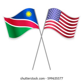 Namibian and American crossed flags. Namibia combined with United States of America isolated on white. Language learning, international business or travel concept.