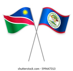 Namibian and Belizean crossed flags. Namibia combined with Belize isolated on white. Language learning, international business or travel concept.