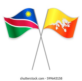 Namibian and Bhutanese crossed flags. Namibia combined with Bhutan isolated on white. Language learning, international business or travel concept.