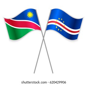 Namibian and Cabo Verdean crossed flags. Namibia combined with Cabo Verde isolated on white. Language learning, international business or travel concept.