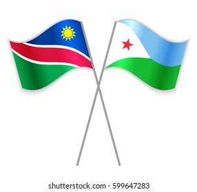 Namibian and Djiboutian crossed flags. Namibia combined with Djibouti isolated on white. Language learning, international business or travel concept.