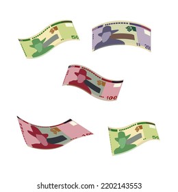 Ilustración de vectores de dólares namibianos. Dinero de Namibia pone billetes en racimo. Cayendo, volando dinero 50, 100, 200 NAD. Estilo plano. Aislado sobre fondo blanco. Diseño sencillo y mínimo.