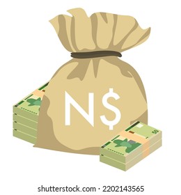 Namibian Dollar Vector Illustration. Namibia money set bundle banknotes. Money bag 50 NAD. Flat style. Isolated on white background. Simple minimal design.