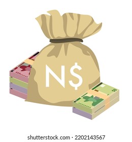 Namibia-Dollar-Vektorgrafik. Namibia-Geld-Paket-Banknoten. Geldbeutel 50, 100, 200 NAD. Flacher Stil. Einzeln auf weißem Hintergrund. Einfaches minimales Design.