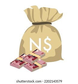 Namibian Dollar Vector Illustration. Namibia money set bundle banknotes. Money bag 100 NAD. Flat style. Isolated on white background. Simple minimal design.