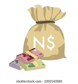 Namibian Dollar Vector Illustration. Namibia money set bundle banknotes. Money bag 100, 200 NAD. Flat style. Isolated on white background. Simple minimal design.