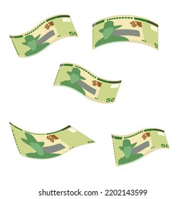 Ilustración de vectores de dólares namibianos. Dinero de Namibia pone billetes en racimo. Cayendo, volando dinero 50 NAD. Estilo plano. Aislado sobre fondo blanco. Diseño sencillo y mínimo.