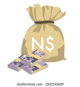 Ilustración de vectores de dólares namibianos. Dinero de Namibia pone billetes en racimo. Bolsa de dinero 200 NAD. Estilo plano. Aislado sobre fondo blanco. Diseño sencillo y mínimo.