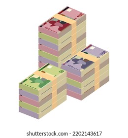 Namibian Dollar Vector Illustration. Namibia money set bundle banknotes. Paper money 50, 100, 200 NAD. Flat style. Isolated on white background. Simple minimal design.