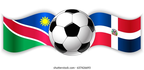 Namibian and Dominican wavy flags with football ball. Namibia combined with Dominican Republic isolated on white. Football match or international sport competition concept.