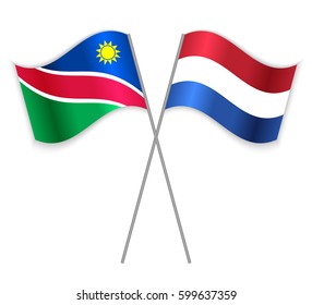 Namibian and Dutch crossed flags. Namibia combined with Netherlands isolated on white. Language learning, international business or travel concept.