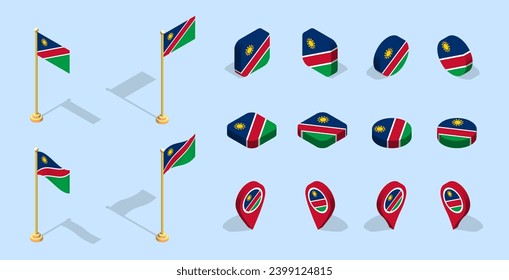 Namibian flag (Republic of Namibia). 3D isometric flag set icon. Editable vector for banner, poster, presentation, infographic, website, apps, maps, and other uses.