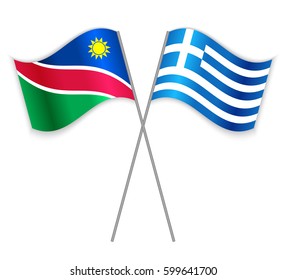 Namibian and Greek crossed flags. Namibia combined with Greece isolated on white. Language learning, international business or travel concept.