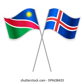 Namibian and Icelandic crossed flags. Namibia combined with Iceland isolated on white. Language learning, international business or travel concept.