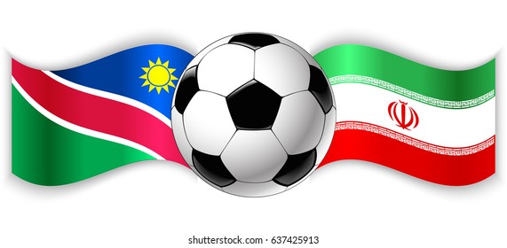 Namibian and Iranian wavy flags with football ball. Namibia combined with Iran isolated on white. Football match or international sport competition concept.