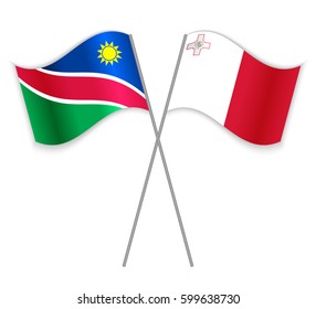 Namibian and Maltese crossed flags. Namibia combined with Malta isolated on white. Language learning, international business or travel concept.