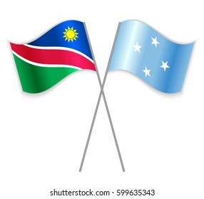 Namibian and Micronesian crossed flags. Namibia combined with Micronesia isolated on white. Language learning, international business or travel concept.