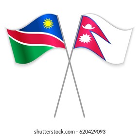 Namibian and Nepalese crossed flags. Namibia combined with Nepal isolated on white. Language learning, international business or travel concept.