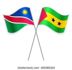 Namibian and Sao Tomean crossed flags. Namibia combined with Sao Tome and Principe isolated on white. Language learning, international business or travel concept.