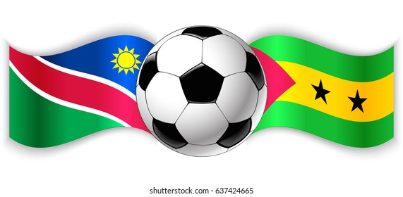 Namibian and Sao Tomean wavy flags with football ball. Namibia combined with Sao Tome and Principe isolated on white. Football match or international sport competition concept.