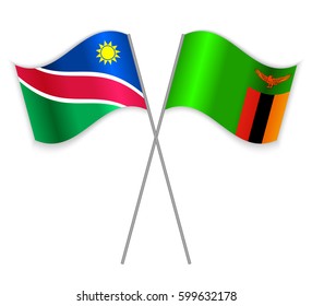 Namibian and Zambian crossed flags. Namibia combined with Zambia isolated on white. Language learning, international business or travel concept.