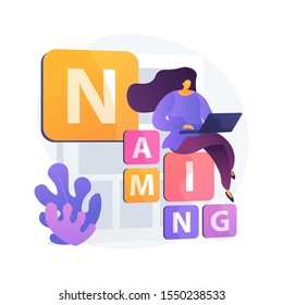 Naming company strategy. Identity, branding, promotion. Marketing university department student with laptop sitting on letters blocks flat character. Vector isolated concept metaphor illustration