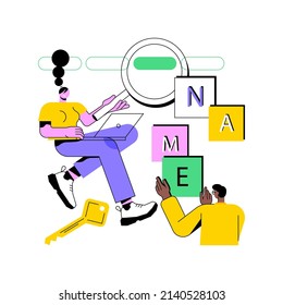 Namen und Taglines abstrakte Konzept Vektorgrafik. Naming und Branding Service, Tagline-Erstellung, Produkt-Slogan-Schreiben, Copywriting, Agentur-Website, Menüleiste Element abstrakte Metapher.