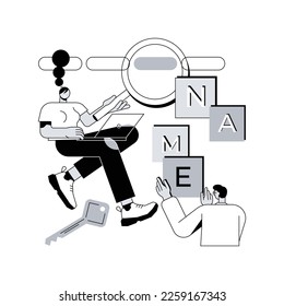 Nomenclatura y etiquetas ilustraciones vectoriales conceptuales abstractas. servicio de nomenclatura y marca, creación de etiquetas, escritura de eslóganes de productos, copywriter, sitio web de agencia, elemento de barra de menús metáfora abstracta.