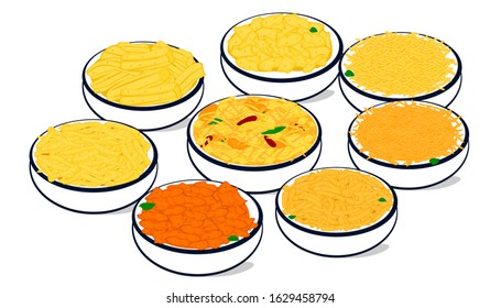 Namkeen farsan,chivda,papdi,sev,gathiya in indian snacks Vector