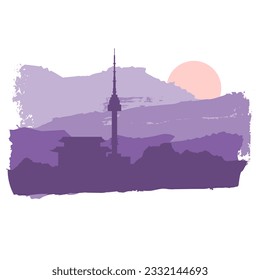 Namsan tower in Seoul and pagoda in simple style on grunge brush stroke. High mountains silhouette. Sunset landscape