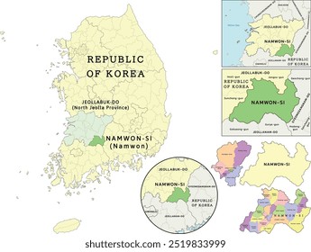 Namwon-si (Namwon) location on Jeollabuk-do (North Jeolla Province) and Republic of Korea (South Korea) map. Colored. Vectored