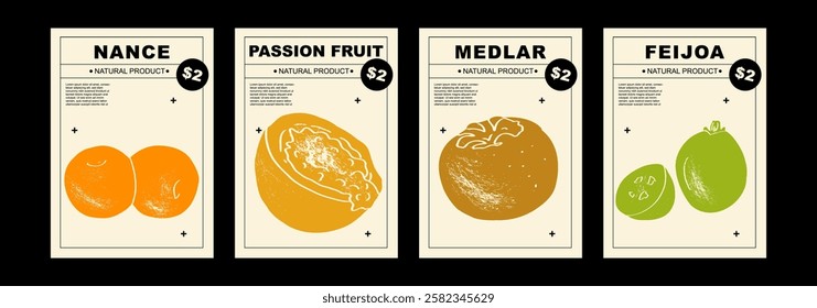 Nance, passion fruit, medlar, feijoa. Set of posters of fruits in a abstract draw design. Label or poster, price tag. Simple, flat design. Patterns and backgrounds. Perfect for poster, cover, banner.