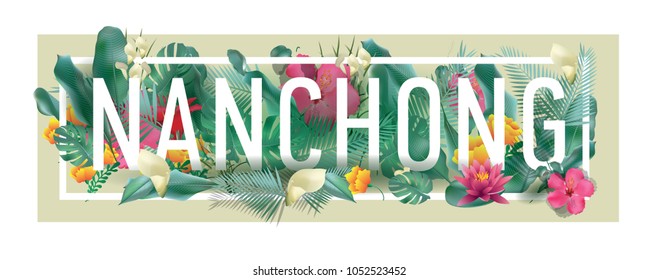 Nanchong City Typographic Floral Framed Vector Card Design
