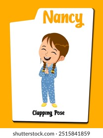 "Nancy the Clapping Girl: Cartoon vector of a cute little girl in a night dress clapping her hands. Features lively and cheerful poses.