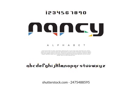 Nancy kreative geometrische moderne städtische Alphabet-Schriftart. Digital abstrakt futuristisch, Mode, Sport, minimale Technologie Typografie. Einfache numerische Vektorillustration