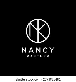 Nancy Kaether Logo Design. Letter NK. Letter NK in a circle on a black background.