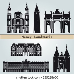 Nancy landmarks and monuments isolated on blue background in editable vector file