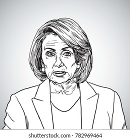 Nancy Pelosi Vector Portrait Drawing Illustration. San Francisco, December 29, 2017 