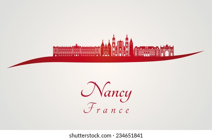 Nancy skyline in red and gray background in editable vector file