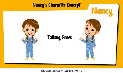 Nancy, a menina falante: vetor de desenhos animados de uma menina bonita em um vestido de noite envolvido na conversa. Apresenta poses expressivas e gestos animados.