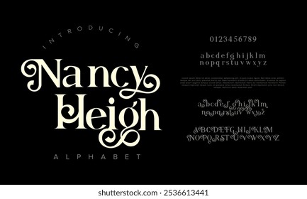 Nancy Typografie Beauty Mode elegante minimalistische Serif Italic Schriftarten dekorative Hochzeit Vintage Retro-Logos. Minimal luxuriöse Schriftart Alphabet Logo. Vektorgrafik