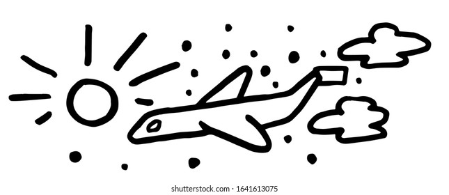Nand drawn doodle. Plane is in the sky. There is sun and clouds around it. Vector illustration isolated on white.