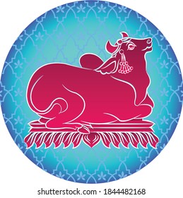 Nandi means bull in English, in Kalamkari Indian traditional folk art on linen fabrics. It can be used for a coloring book, textile/ fabric prints, phone case, greeting card. logo, calendar
