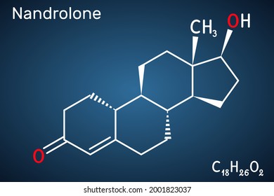 Nandrolone, 19-Nortestosterone, Nortestosterone Molecule. It Is Androgen, Synthetic, Anabolic Steroid AAS, Analog Of Testosterone. Structural Chemical Formula On The Dark Blue Background. Vector 