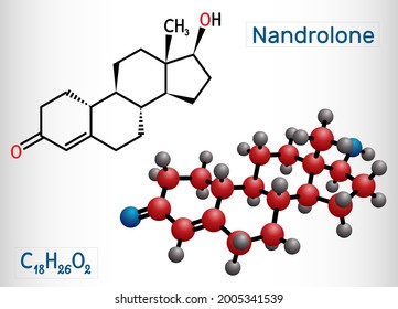 Nandrolone, 19-Nortestosterone, Nortestosterone Molecule. It Is Androgen, Synthetic, Anabolic Steroid AAS, Analog Of Testosterone. Structural Chemical Formula And Molecule Model. Vector Illustration