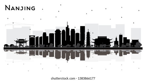 Nanjing China City Skyline Silhouette with Black Buildings and Reflections Isolated on White. Business Travel and Tourism Concept with Modern Architecture. Nanjing Cityscape with Landmarks.