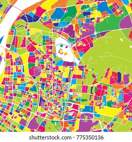 Nanjing, China, colorful vector map.  White streets, railways and water. Bright colored landmark shapes. Art print pattern.