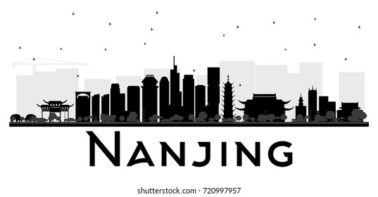 Nanjing China skyline black and white silhouette. Vector illustration. Simple flat concept for tourism presentation, banner, placard or web site. Cityscape with landmarks.